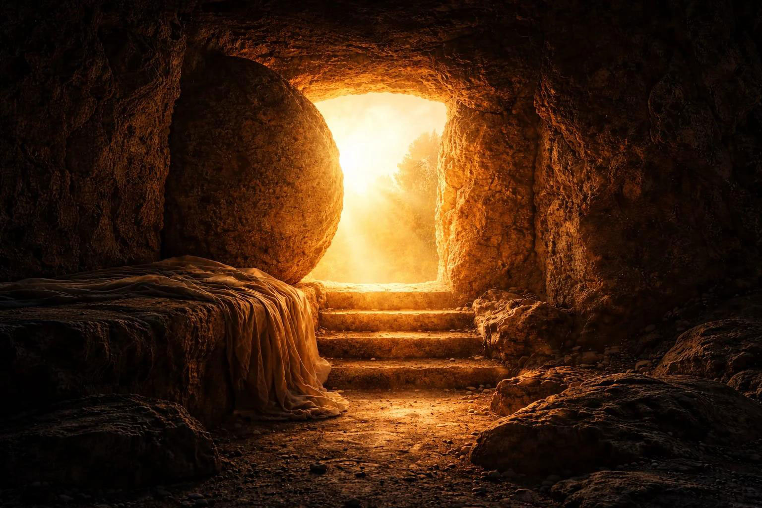 Empty tomb of Jesus Christ with the stone rolled away at sunrise, symbolizing His resurrection from the dead.